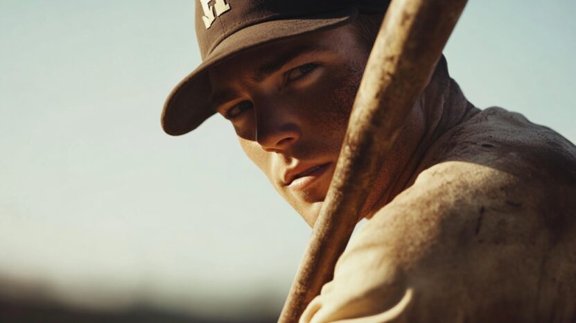 Close-up of a baseball player holding a bat, looking intently forward with a serious expression, wearing a cap and sports gear