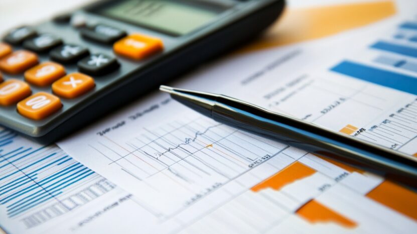 Close-up of a calculator and pen on top of financial documents with charts and graphs