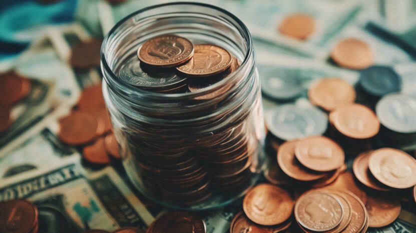 Close-up of a glass jar filled with coins, surrounded by scattered coins and dollar bills.